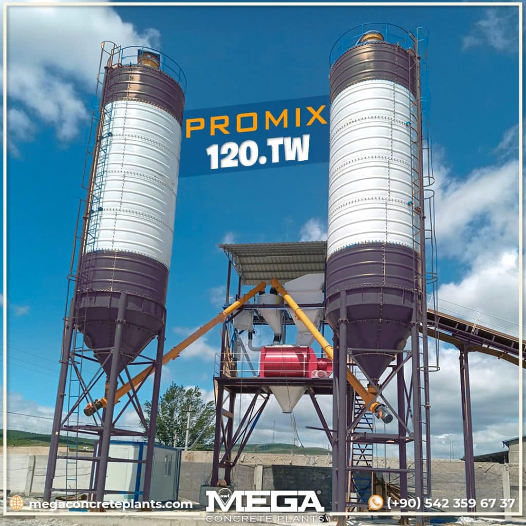 a concrete batching plant with a conveyor belt and two cement stock silos