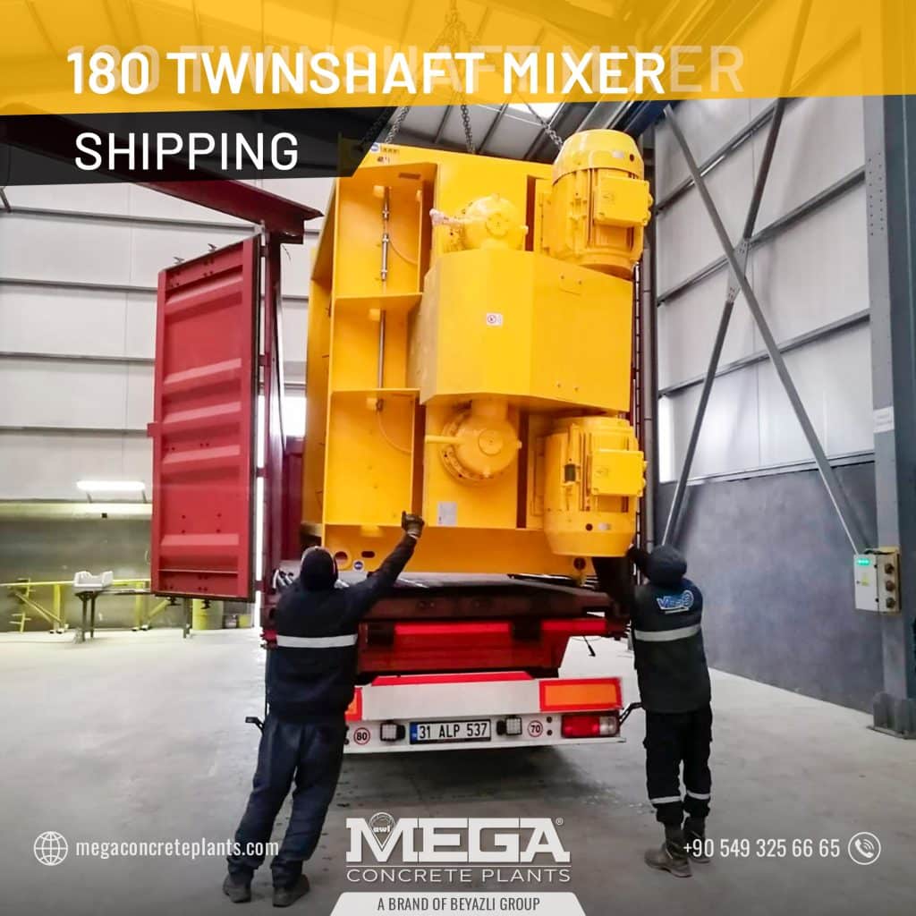 Twin-shaft concrete mixer loading to truck